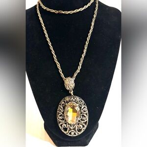Vintage Gold Necklace with Yellow Oval Faceted Crystal Pendant